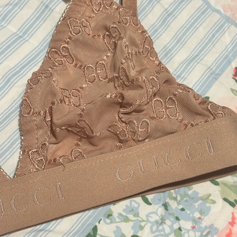 Gucci Large Nude Tan Lace Logo Bralette & High-Waist Brief Set - Picture 7 of 11